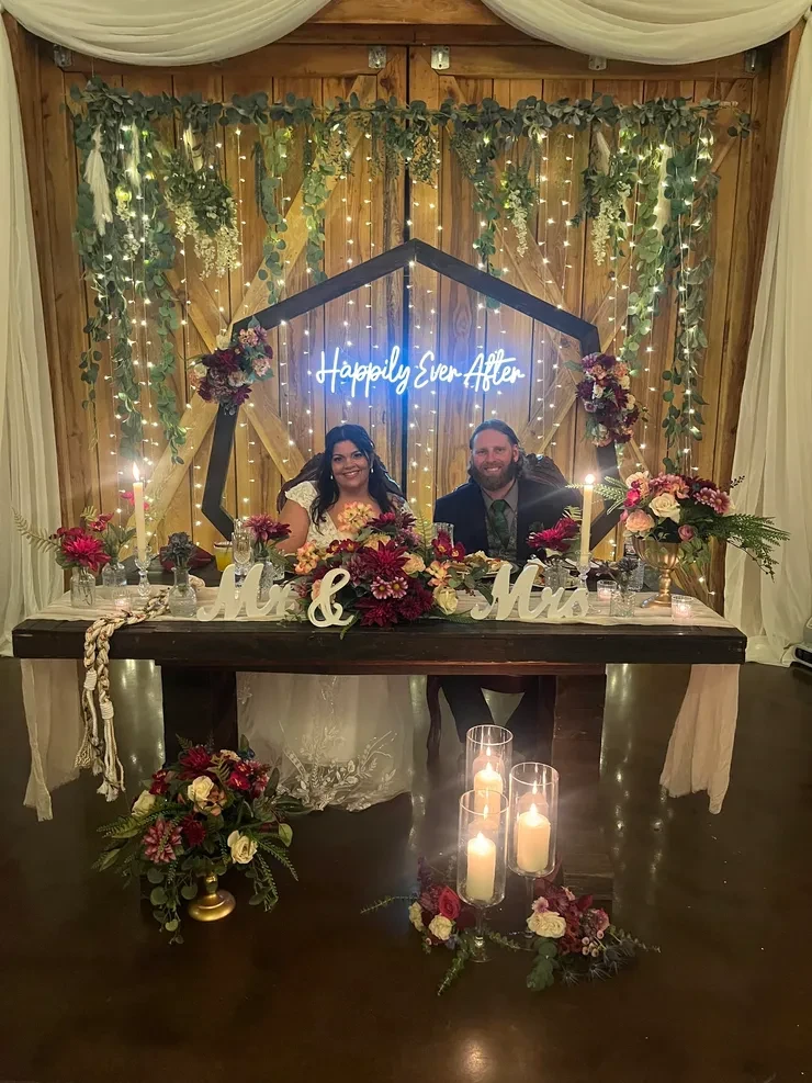Mr and Mrs barn wedding with neon sign